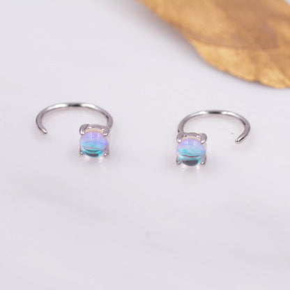 Colour Changing Crystal Huggie Hoop Threader Earrings in Sterling Silver, Simulated Moonstone, 4mm, Pull Through Open Hoops