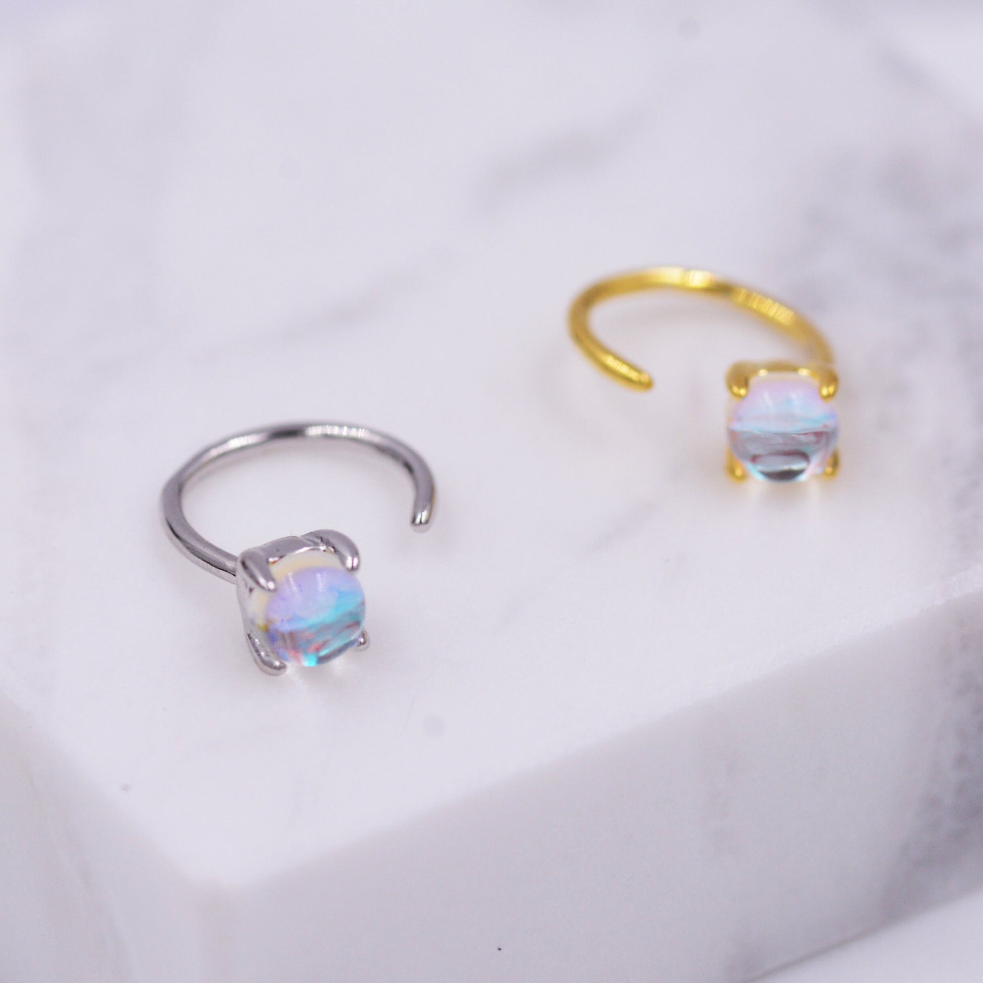 Colour Changing Crystal Huggie Hoop Threader Earrings in Sterling Silver, Simulated Moonstone, 4mm, Pull Through Open Hoops