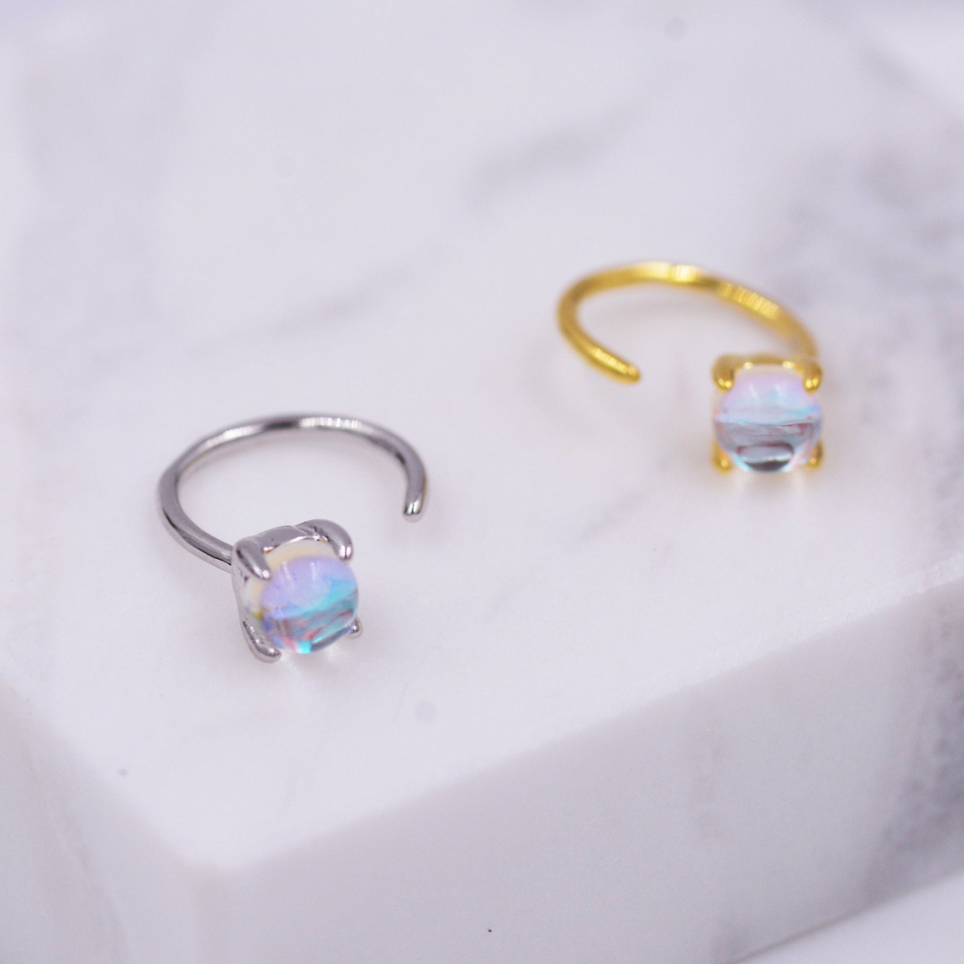 Colour Changing Crystal Huggie Hoop Threader Earrings in Sterling Silver, Simulated Moonstone, 4mm, Pull Through Open Hoops