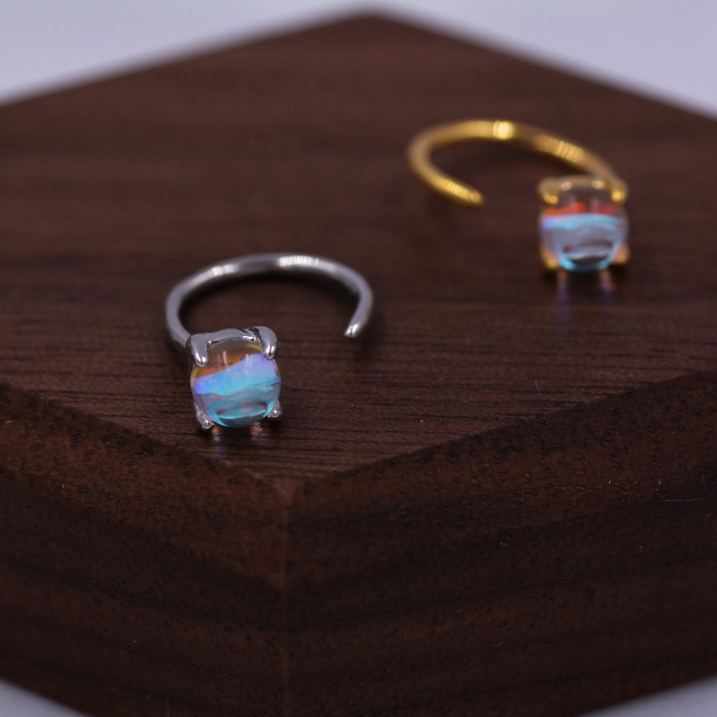 Colour Changing Crystal Huggie Hoop Threader Earrings in Sterling Silver, Simulated Moonstone, 4mm, Pull Through Open Hoops