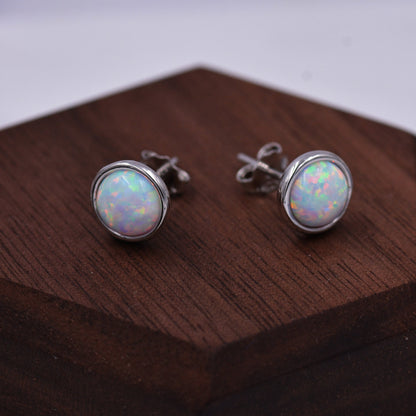 Sterling Silver White Opal  Stone Crystal Stud Earrings. Gold or Silver, Round Minimalist Dot Geometric Design. bridesmaid jewellery.