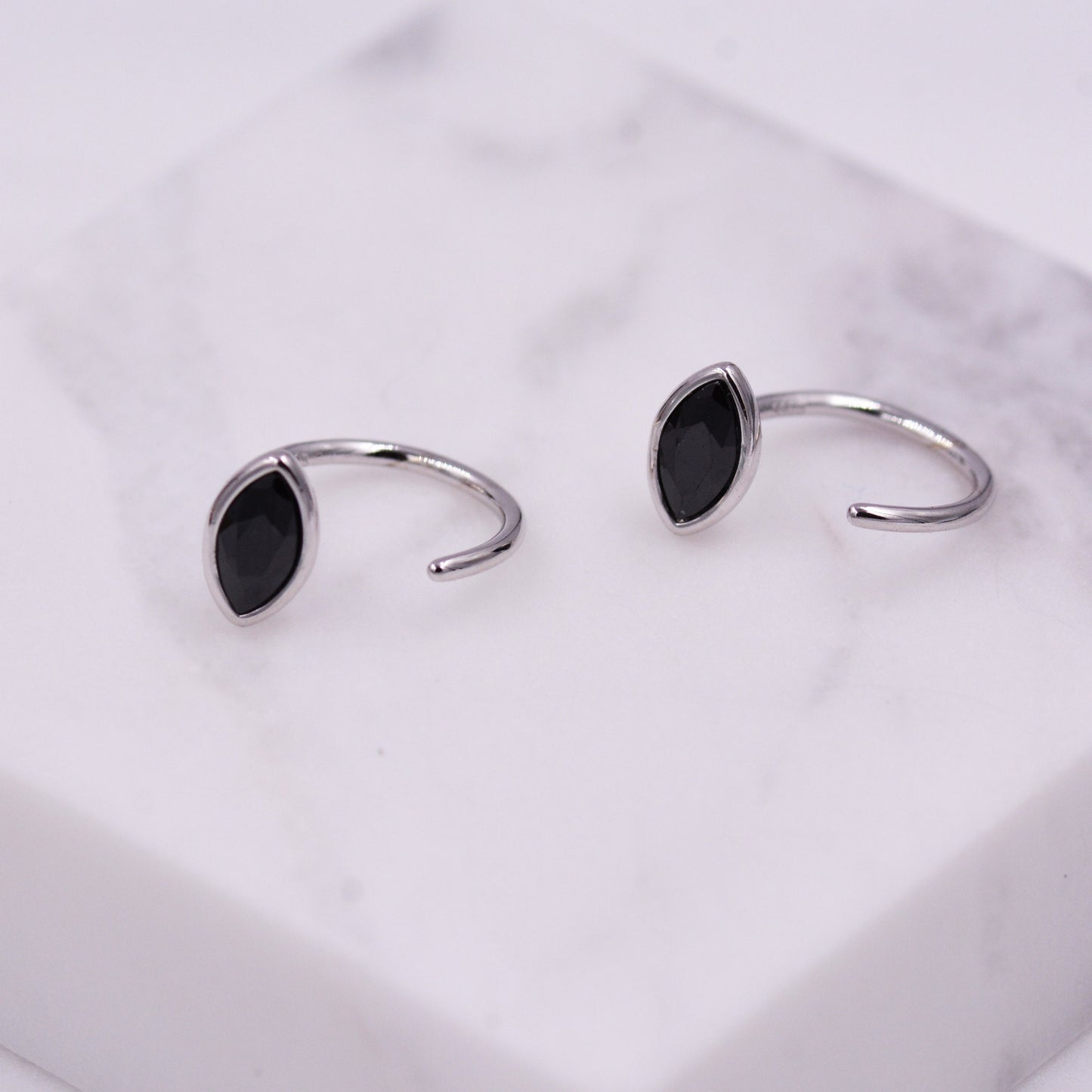 Black Spinel Crystal Marquise Huggie Hoop Threader Earrings in Sterling Silver, Gold or Silver, Pull Through Open Hoop Earrings