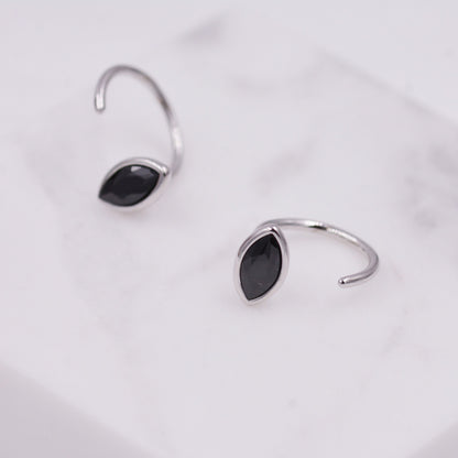 Black Spinel Crystal Marquise Huggie Hoop Threader Earrings in Sterling Silver, Gold or Silver, Pull Through Open Hoop Earrings