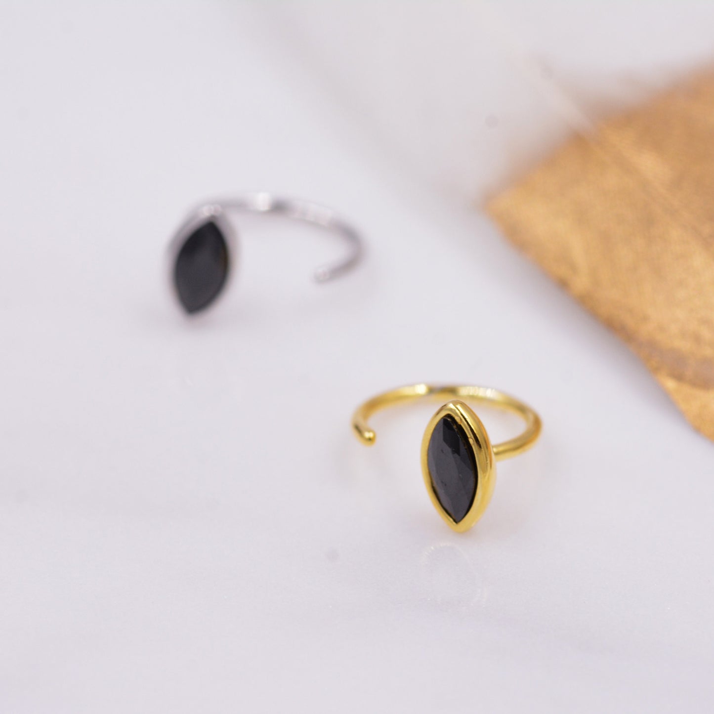 Black Spinel Crystal Marquise Huggie Hoop Threader Earrings in Sterling Silver, Gold or Silver, Pull Through Open Hoop Earrings