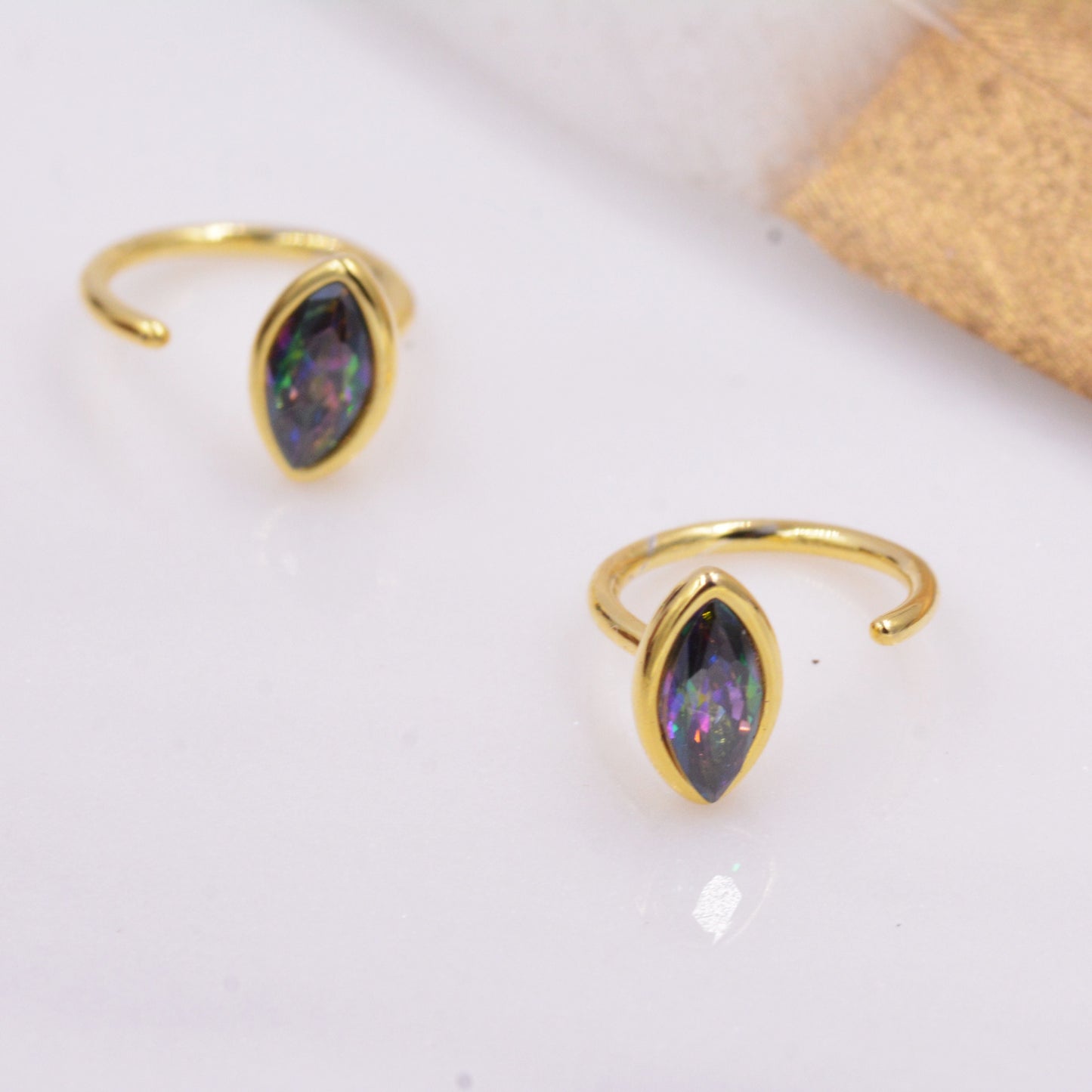 Mystic Topaz Marquise Huggie Hoop Threader Earrings in Sterling Silver, Gold or Silver, Pull Through Open Hoop Earrings