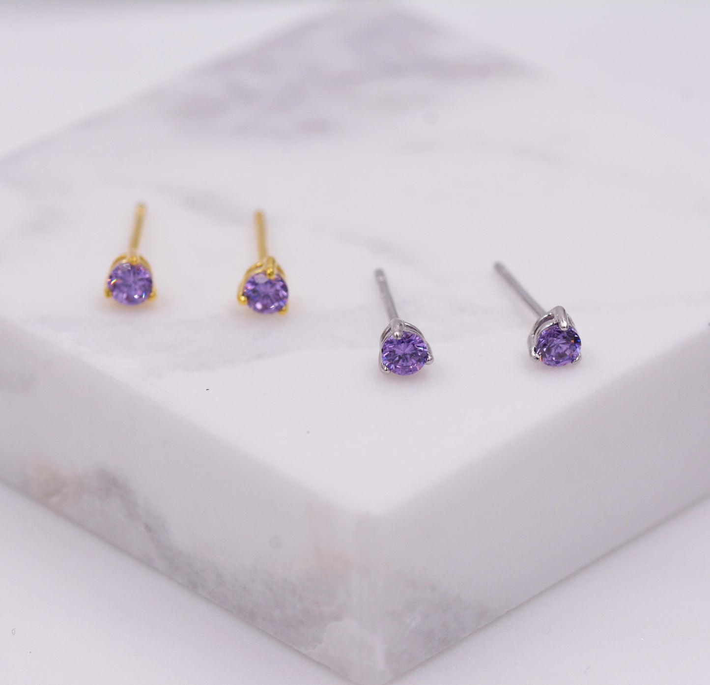 Amethyst Purple Crystal Stud Earrings in Sterling Silver, 3mm Three Prong, Gold or Silver, Tiny Stud