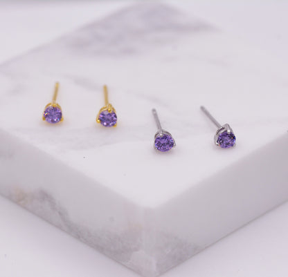 Amethyst Purple Crystal Stud Earrings in Sterling Silver, 3mm Three Prong, Gold or Silver, Tiny Stud