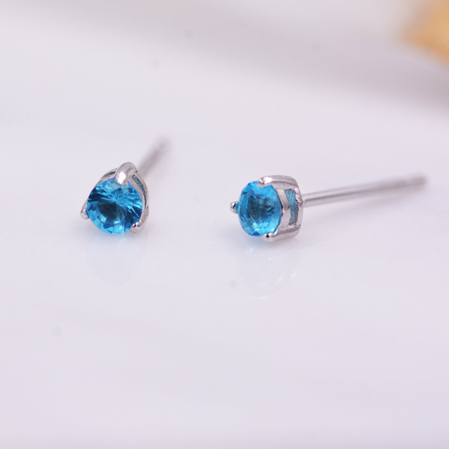 Topaz Blue Crystal Stud Earrings in Sterling Silver, 3mm Three Prong, Gold or Silver, Tiny Stud