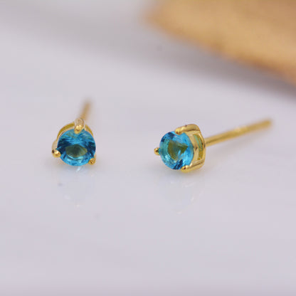 Topaz Blue Crystal Stud Earrings in Sterling Silver, 3mm Three Prong, Gold or Silver, Tiny Stud