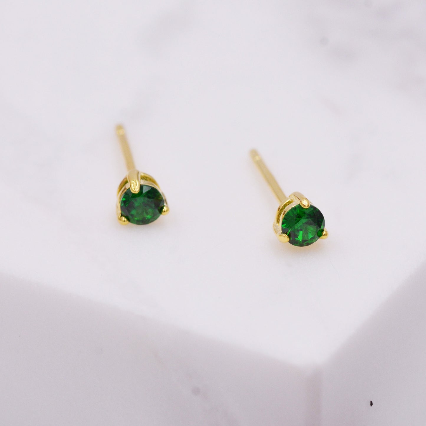 Emerald Green CZ Crystal Stud Earrings in Sterling Silver, 3mm Three Prong, Gold or Silver, Tiny Stud