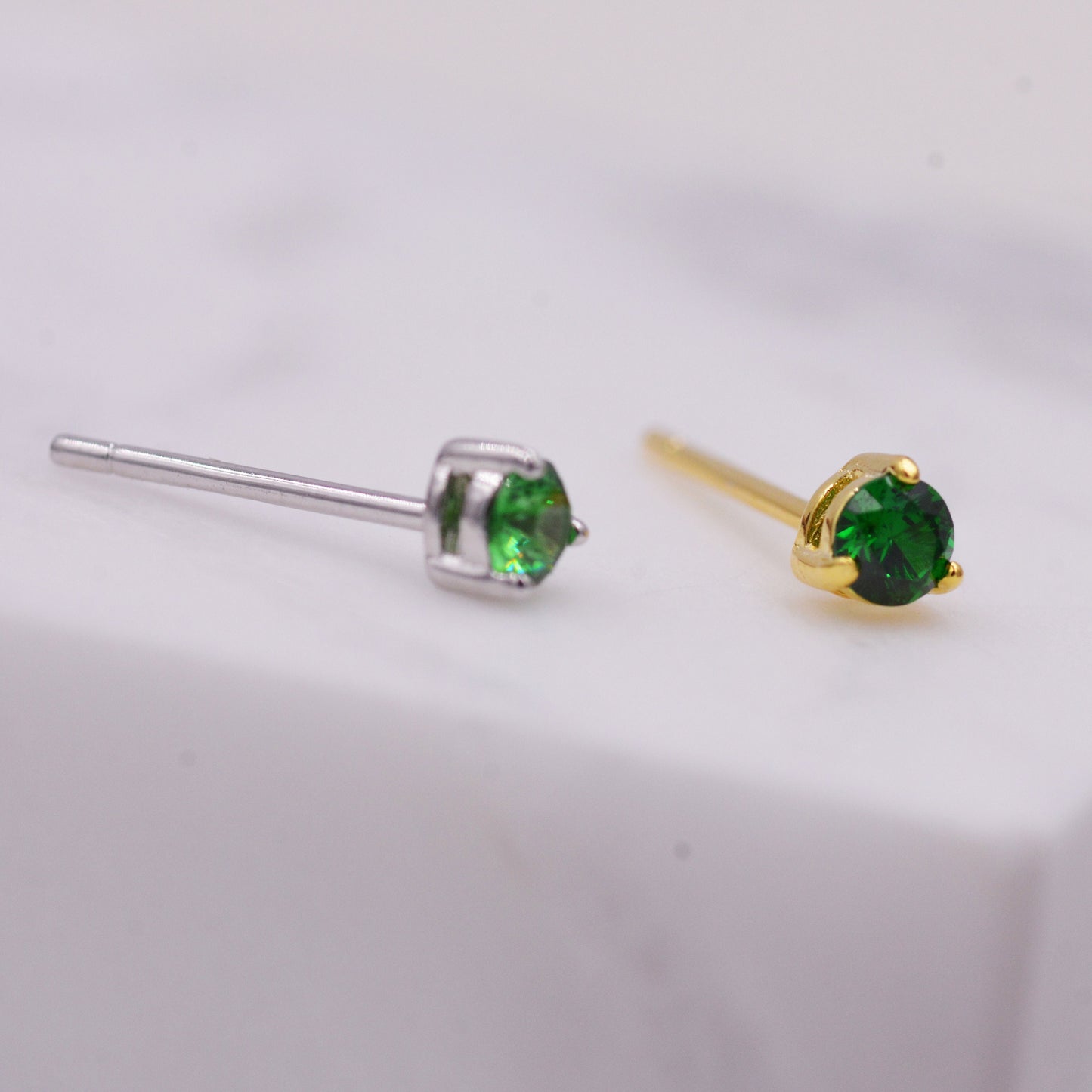 Emerald Green CZ Crystal Stud Earrings in Sterling Silver, 3mm Three Prong, Gold or Silver, Tiny Stud