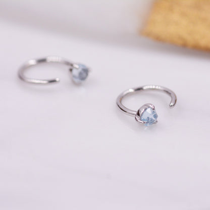 Natural Blue Topaz Crystal Huggie Hoop Threader Earrings in Sterling Silver, 3mm Three Prong, Gold or Silver, Pull Through Open Hoops