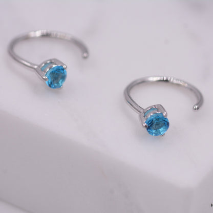 Aquamarine Blue Crystal Huggie Hoop Threader Earrings in Sterling Silver, 3mm Three Prong, Gold or Silver, Pull Through Open Hoops