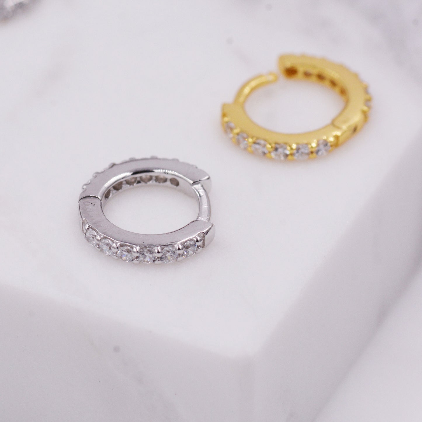 Minimalist 8mm Huggie Hoop Earrings in Sterling Silver with Pave CZ Crystals, Gold or Silver, Tiny and Dainty, Simple Hoop Earrings