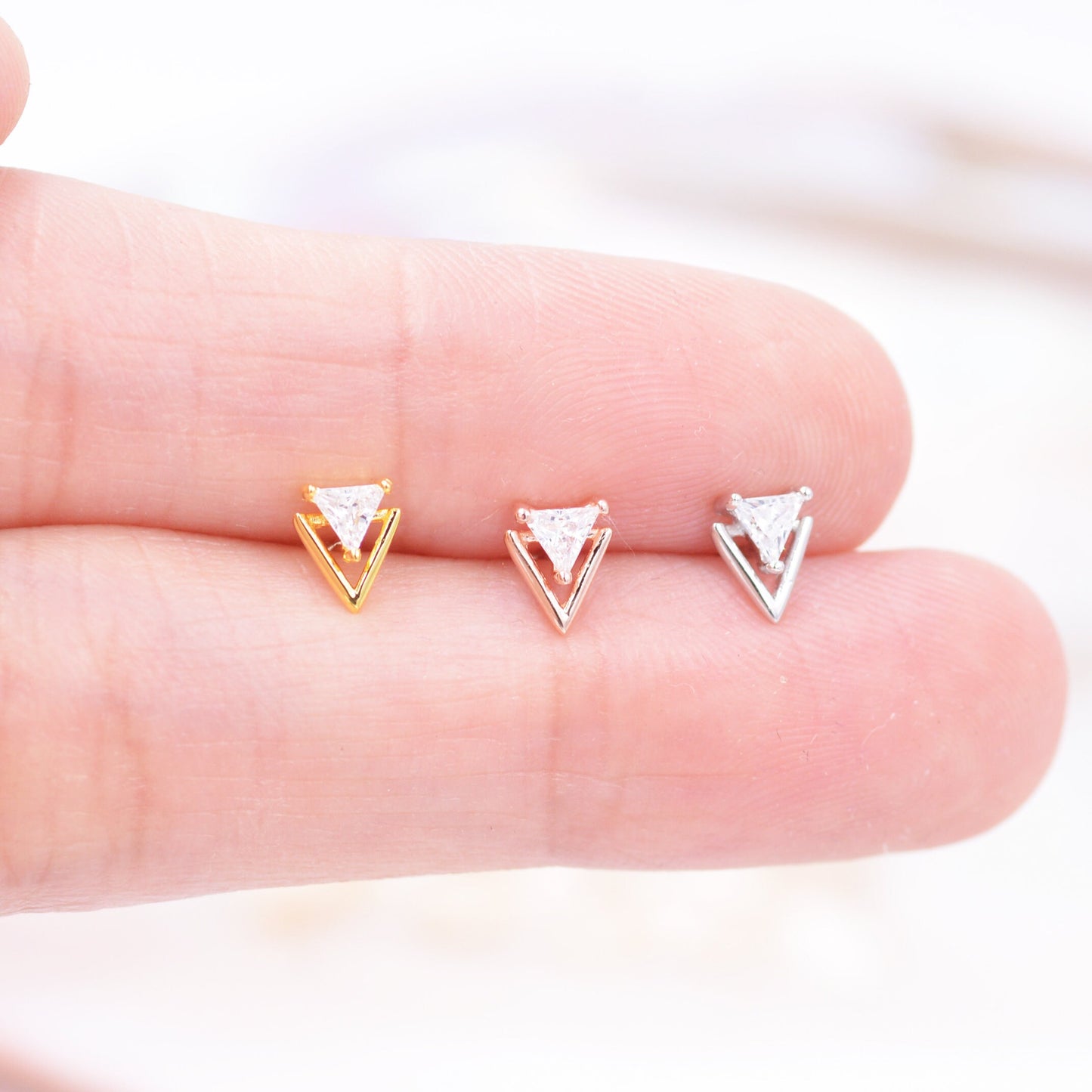 Tiny Double Triangle Arrow Arrowhead Stud Earrings, Rose Gold, Gold or Silver, Chevron Geometric Minimalist Design