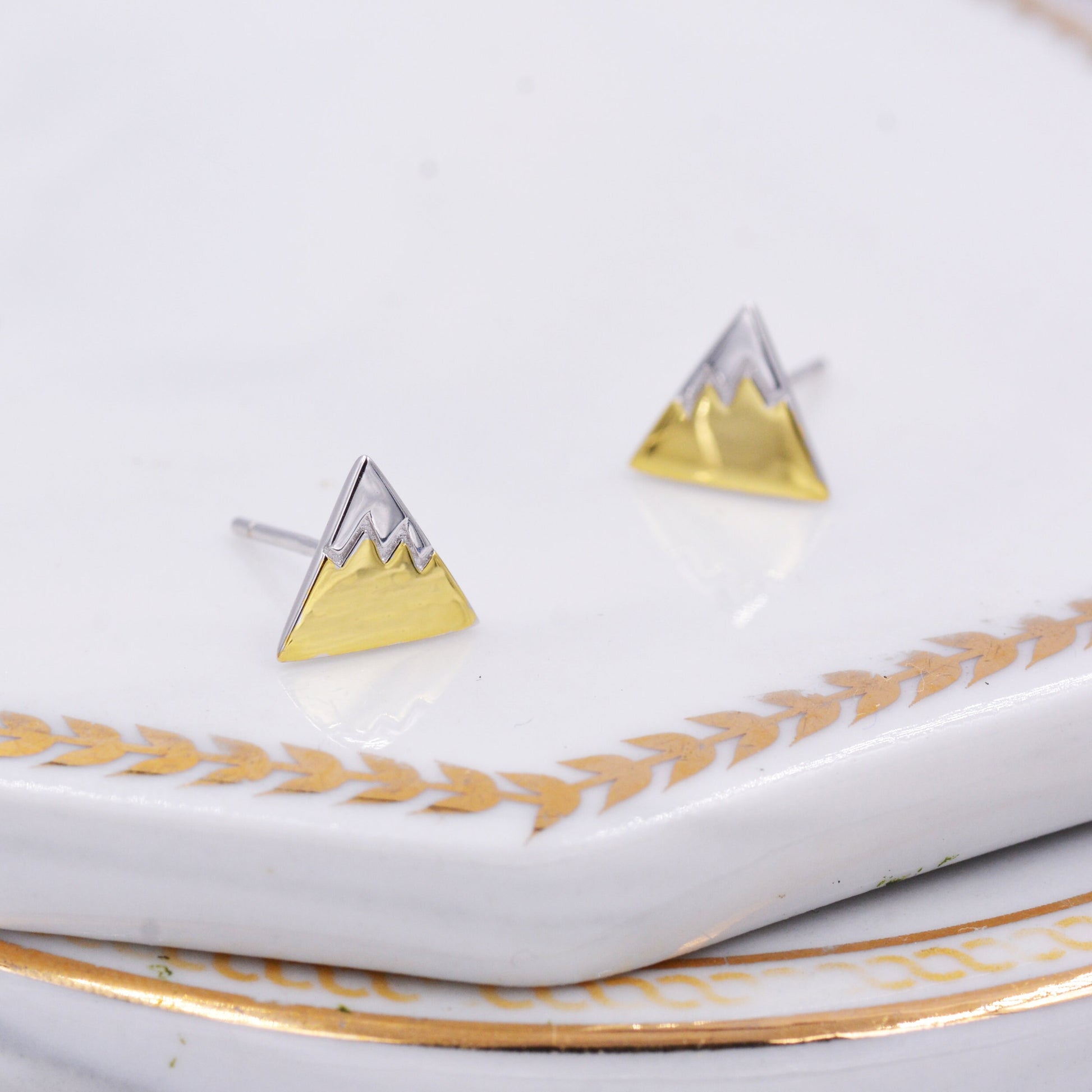 Sterling Silver Fuji Mountain Stud Earrings with 18ct Gold Coating, Nature Inspired Snowy Mountain Earrings, Cute and Quirky