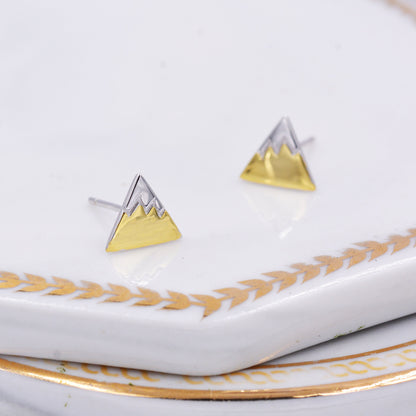 Sterling Silver Fuji Mountain Stud Earrings with 18ct Gold Coating, Nature Inspired Snowy Mountain Earrings, Cute and Quirky