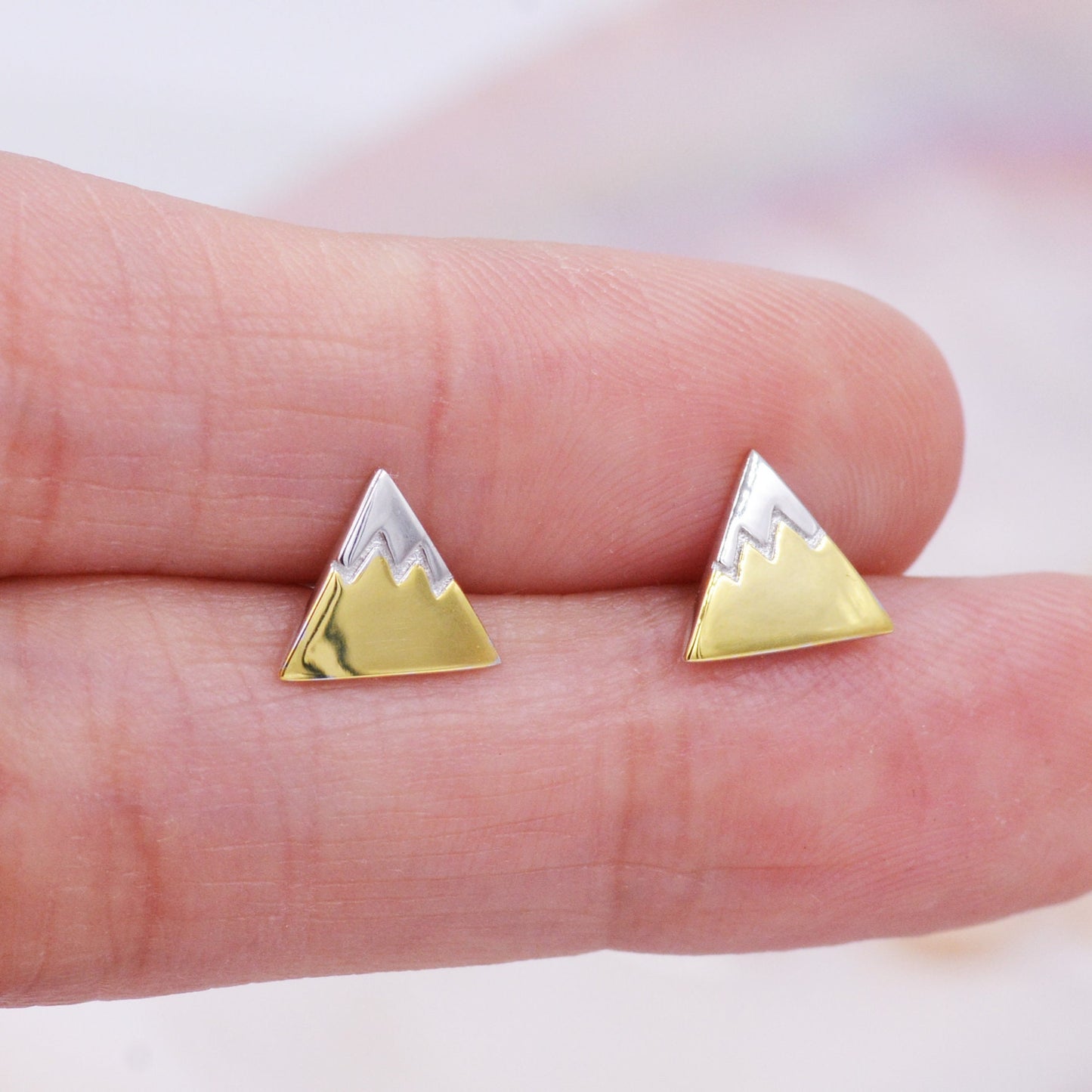 Sterling Silver Fuji Mountain Stud Earrings with 18ct Gold Coating, Nature Inspired Snowy Mountain Earrings, Cute and Quirky