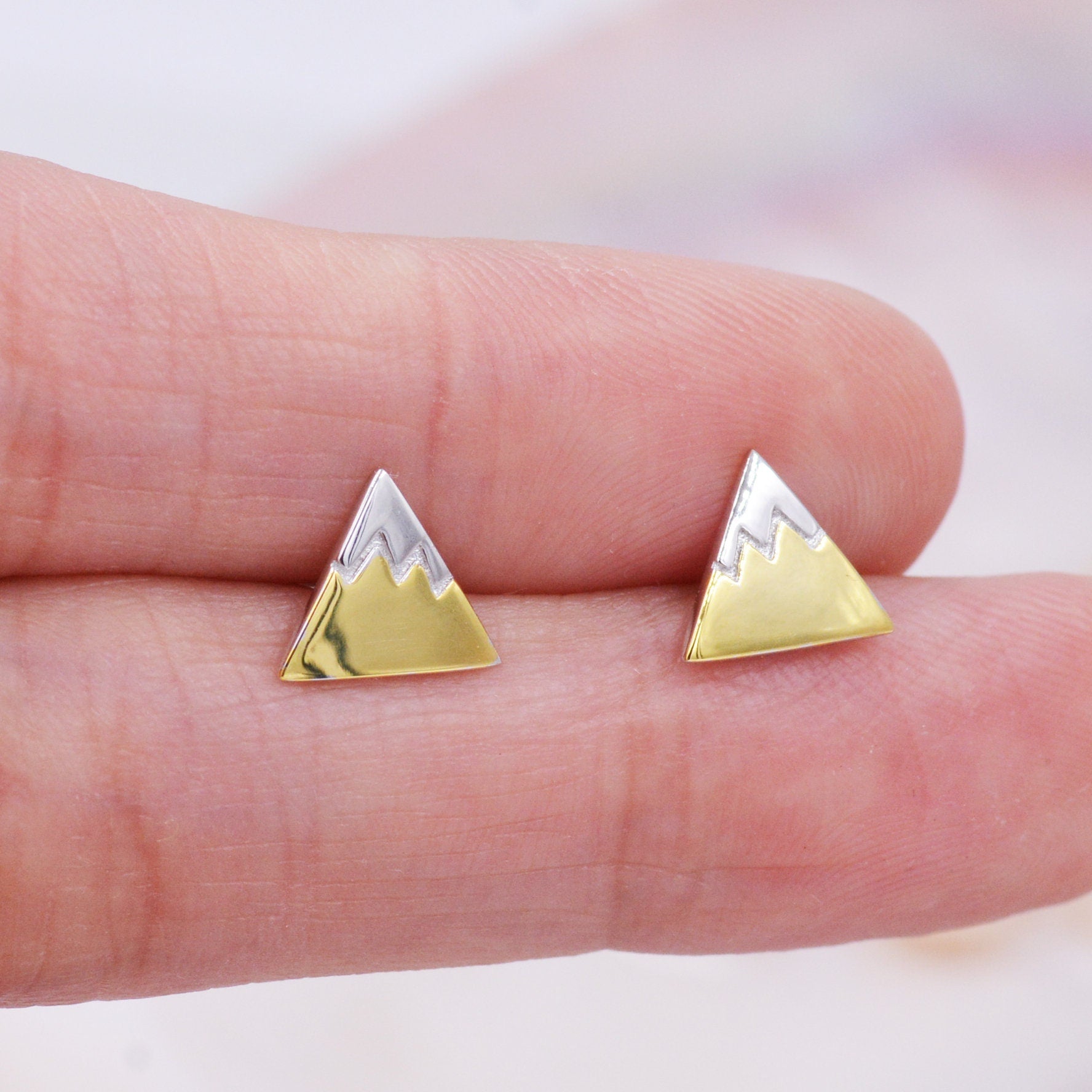 Sterling Silver Fuji Mountain Stud Earrings with 18ct Gold Coating, Nature Inspired Snowy Mountain Earrings, Cute and Quirky