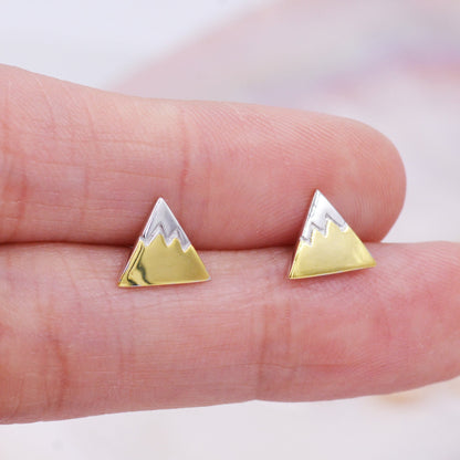 Sterling Silver Fuji Mountain Stud Earrings with 18ct Gold Coating, Nature Inspired Snowy Mountain Earrings, Cute and Quirky
