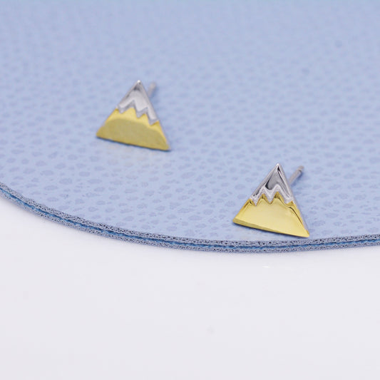 Sterling Silver Fuji Mountain Stud Earrings with 18ct Gold Coating, Nature Inspired Snowy Mountain Earrings, Cute and Quirky