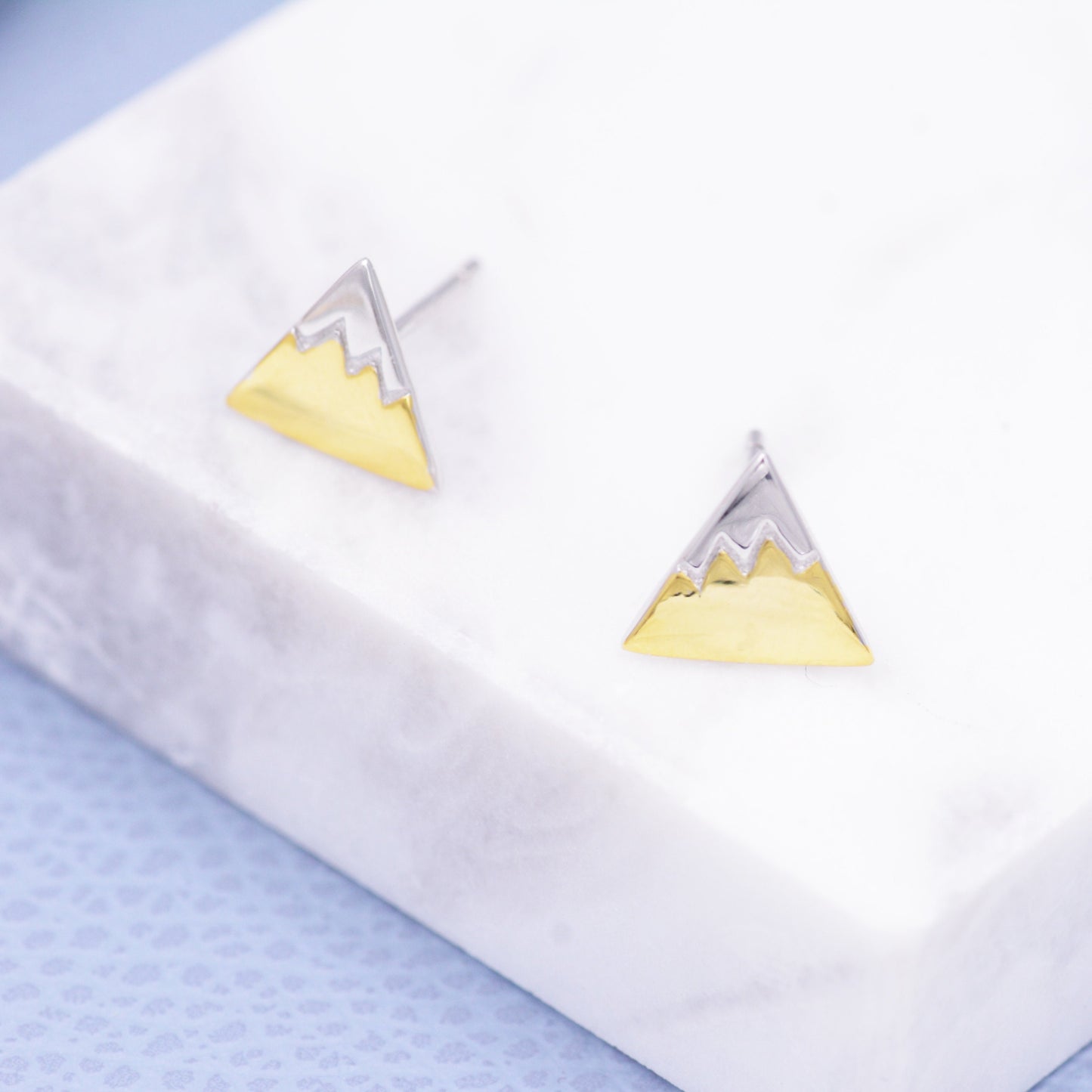 Sterling Silver Fuji Mountain Stud Earrings with 18ct Gold Coating, Nature Inspired Snowy Mountain Earrings, Cute and Quirky