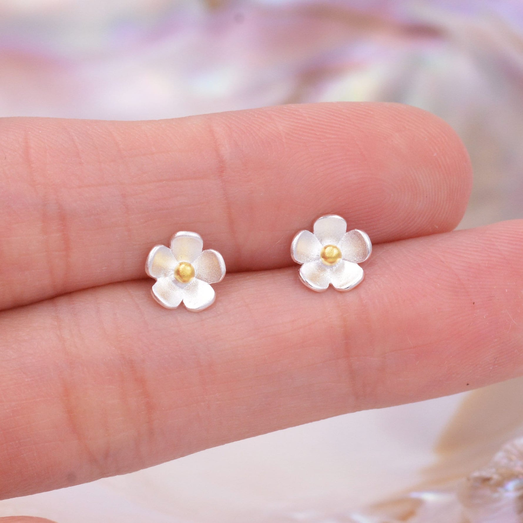 Sterling Silver Forget-me-not Flower Stud Earrings, Nature Inspired Blossom Earrings, Cute and Quirky