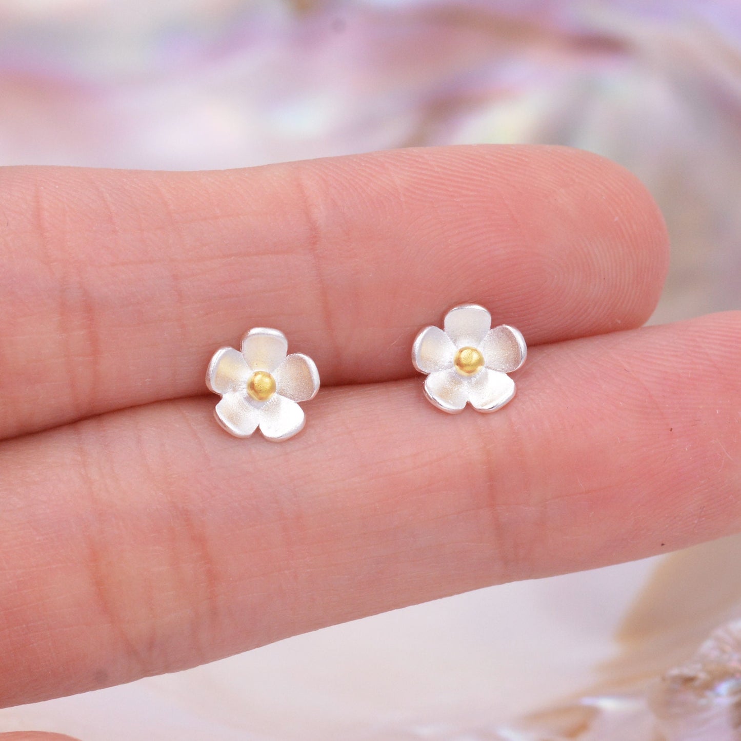 Sterling Silver Forget-me-not Flower Stud Earrings, Nature Inspired Blossom Earrings, Cute and Quirky