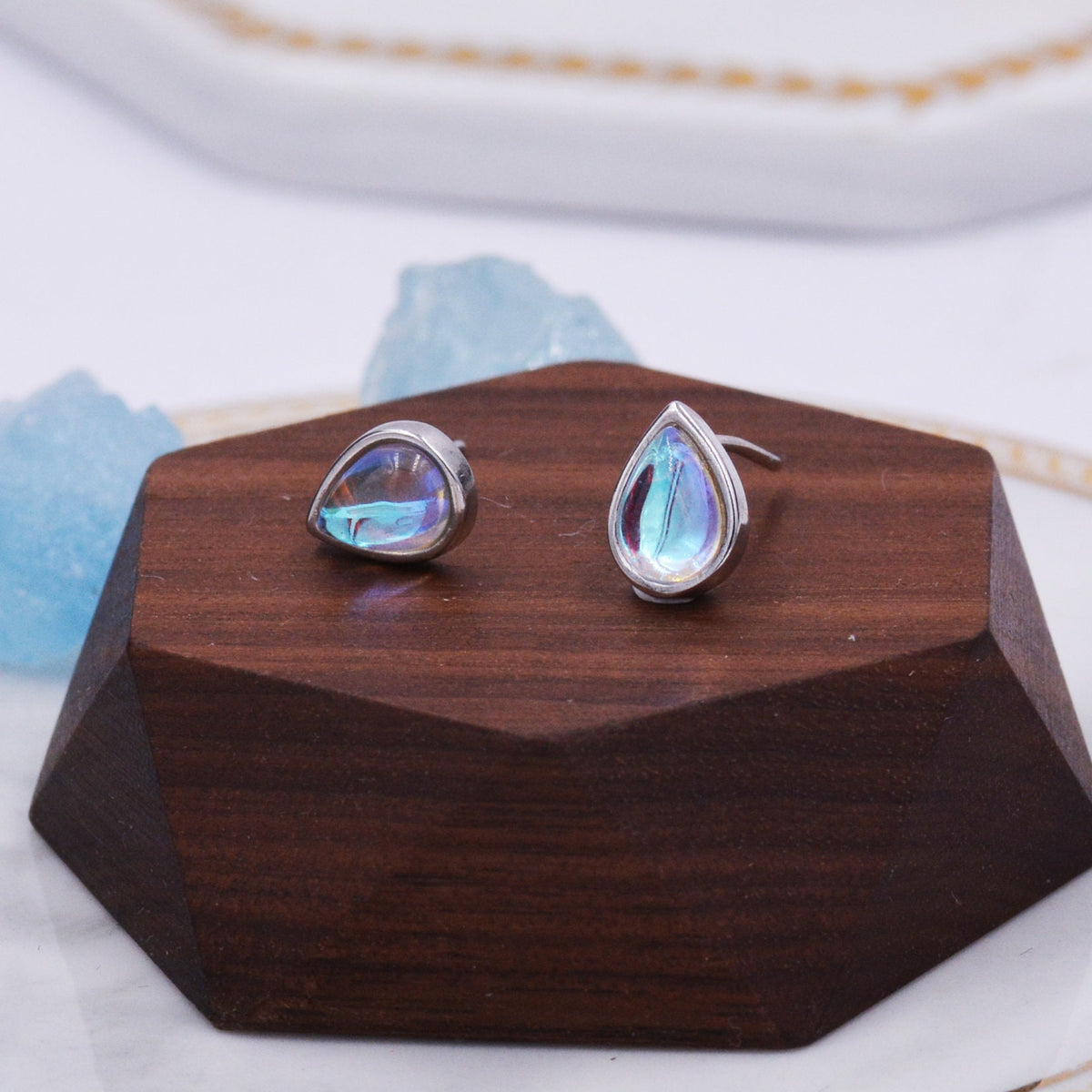 Sterling Silver Droplet Moonstone Stud Earrings, Mermaid Colour Earrings, Simulated Moonstone Glass Earrings, Minimalist