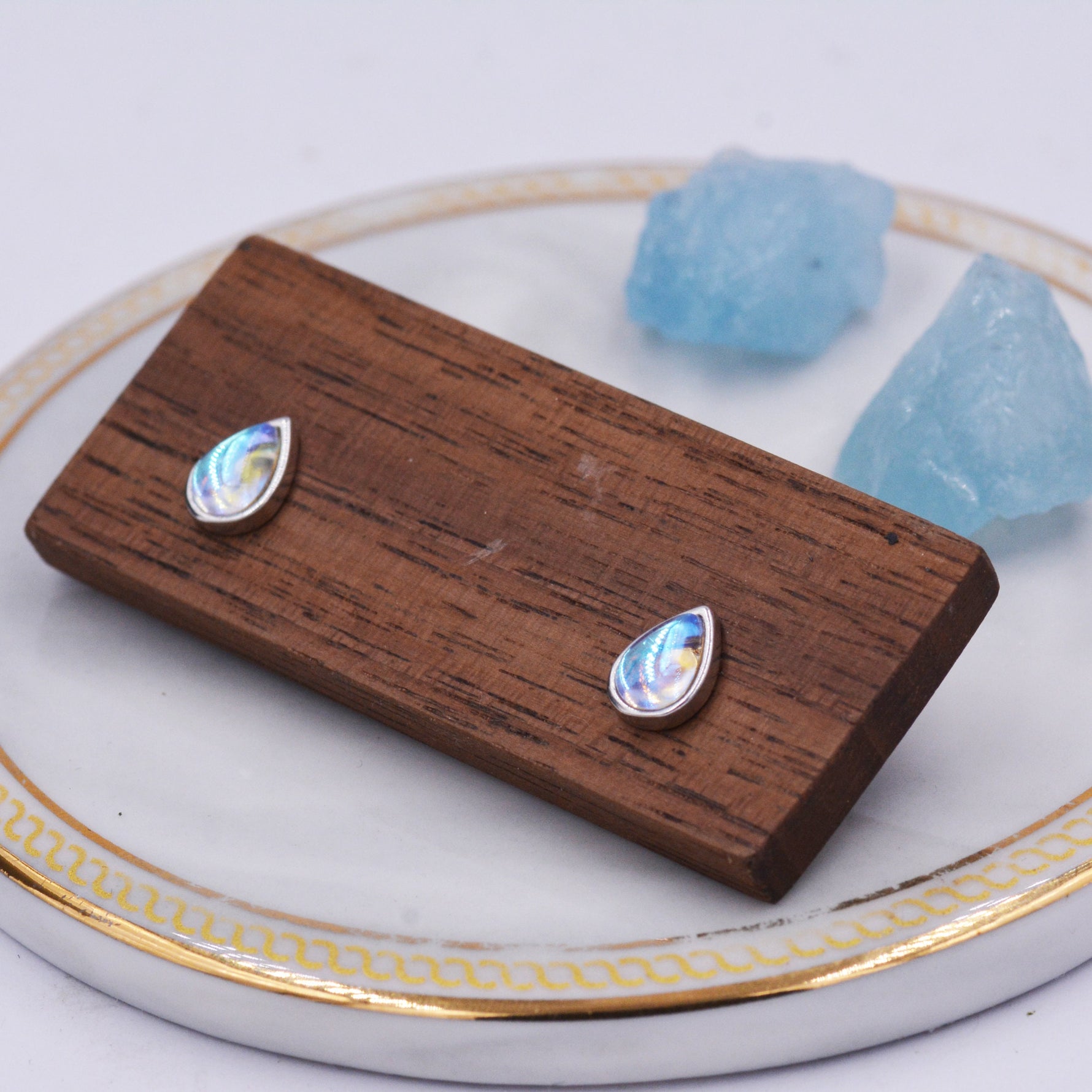 Sterling Silver Droplet Moonstone Stud Earrings, Mermaid Colour Earrings, Simulated Moonstone Glass Earrings, Minimalist