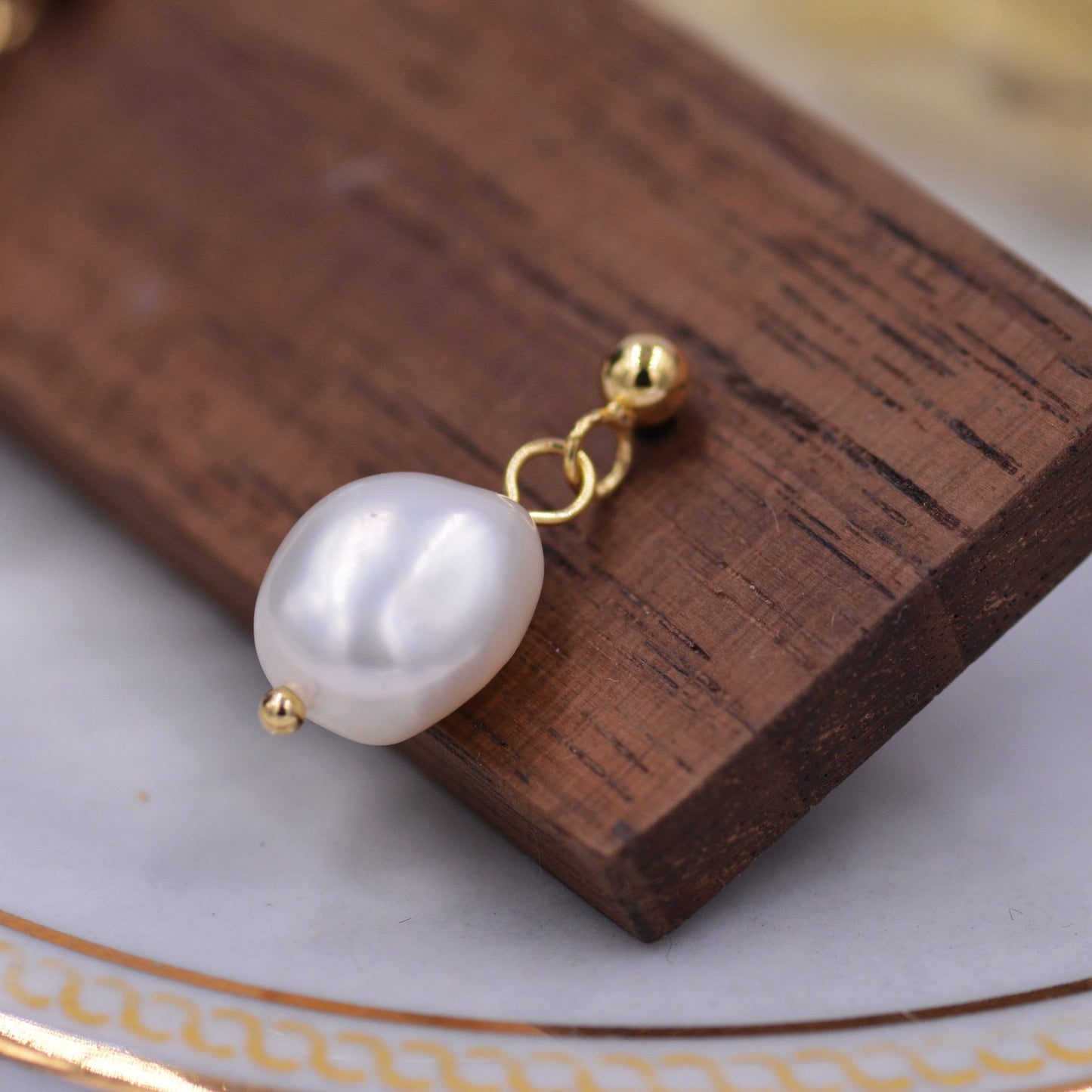 Genuine Fresh Water Pearls Drop Stud Earrings, Baroque Pearl, Sterling silver with 18ct Gold Plating, Simple and Minimalist