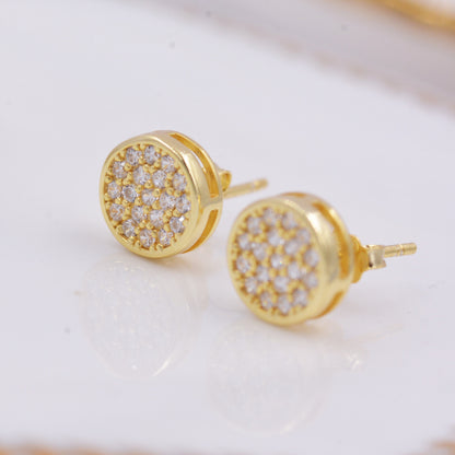 Sterling Silver CZ Crystal Encrusted Disk Stud Earrings, Simple and Elegant.