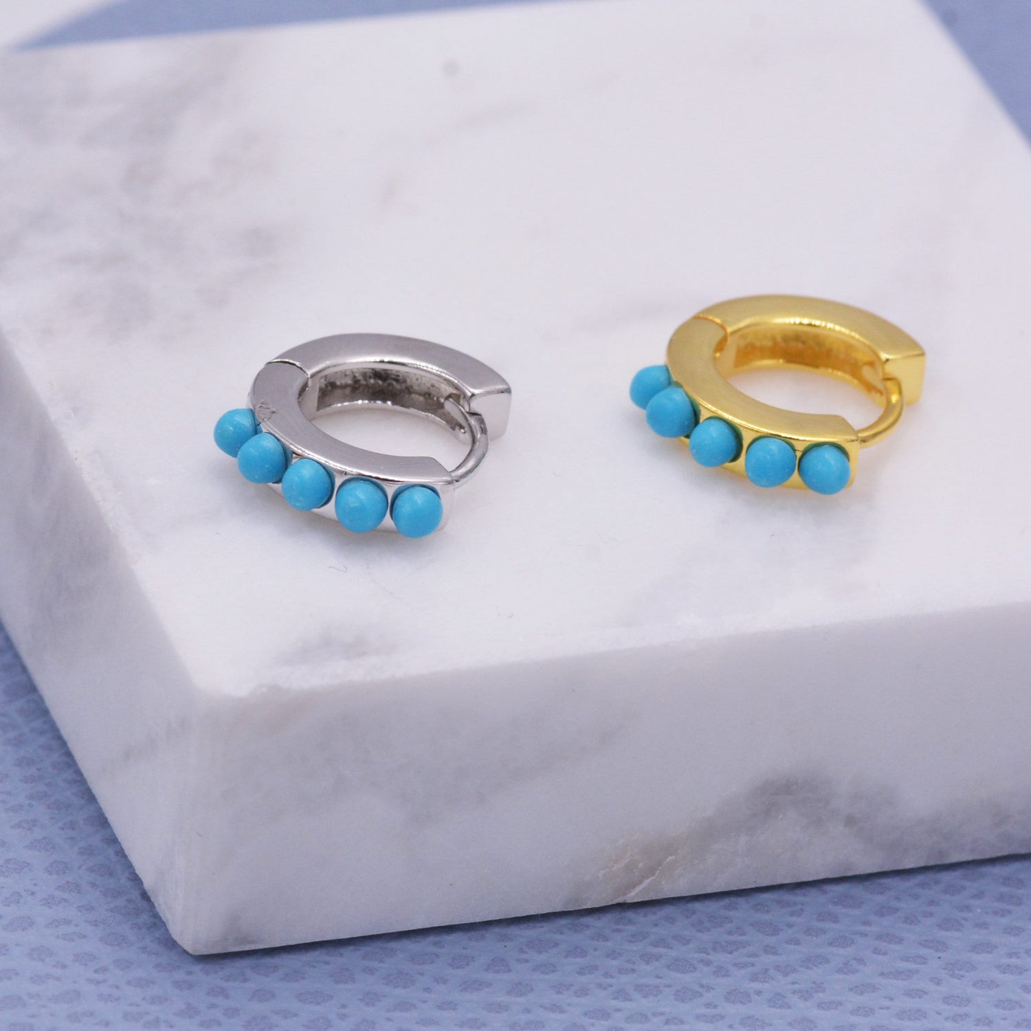 Sterling Silver Turquoise Stones Huggie Hoop Earrings, Gold Hoop, Minimalist Geometric Hoop Earrings