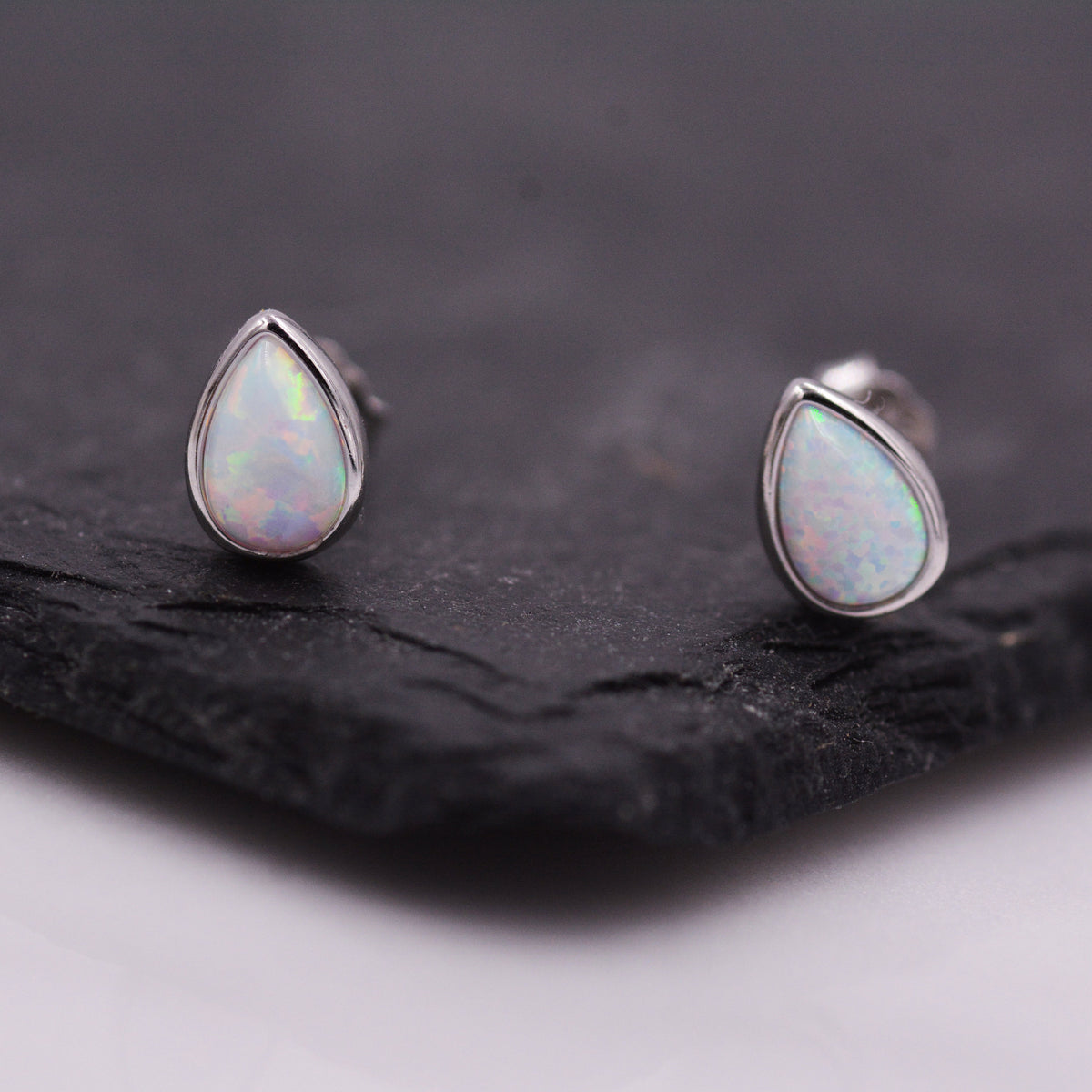 Opal Droplet Stud Earrings in Sterling Silver, Blue or White, Teardrop Opal, Pear Cut Opal Semi-precious Jewellery R99