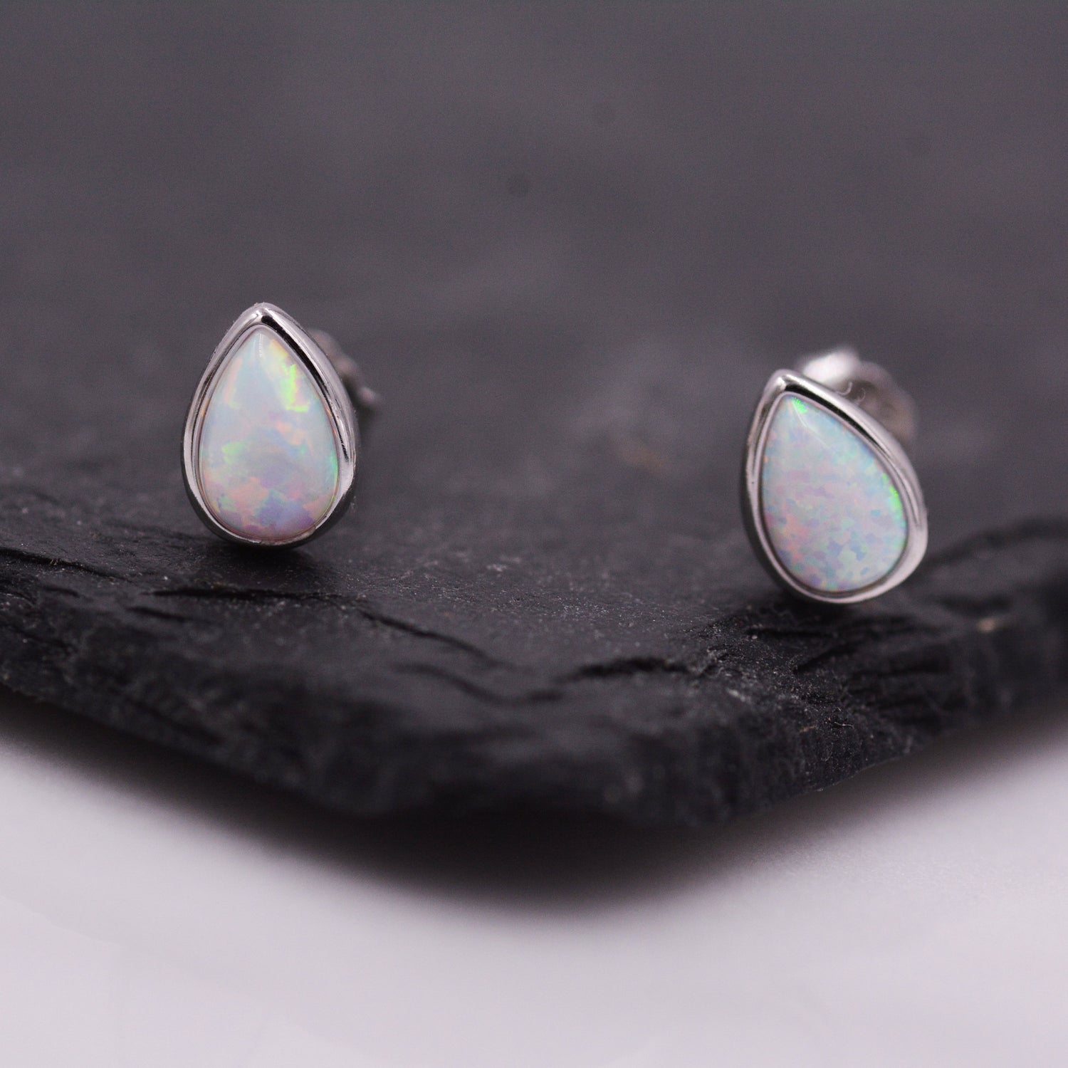 Opal Droplet Stud Earrings in Sterling Silver, Blue or White, Teardrop Opal, Pear Cut Opal Semi-precious Jewellery R99