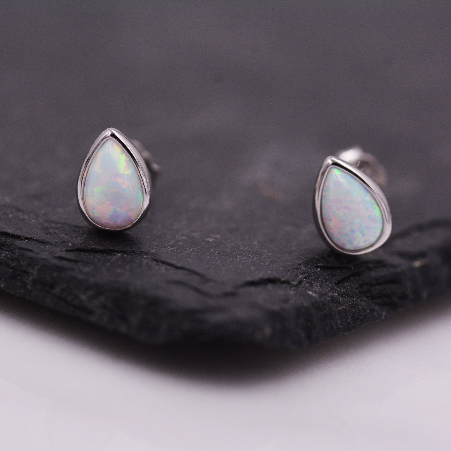 Opal Droplet Stud Earrings in Sterling Silver, Blue or White, Teardrop Opal, Pear Cut Opal Semi-precious Jewellery R99
