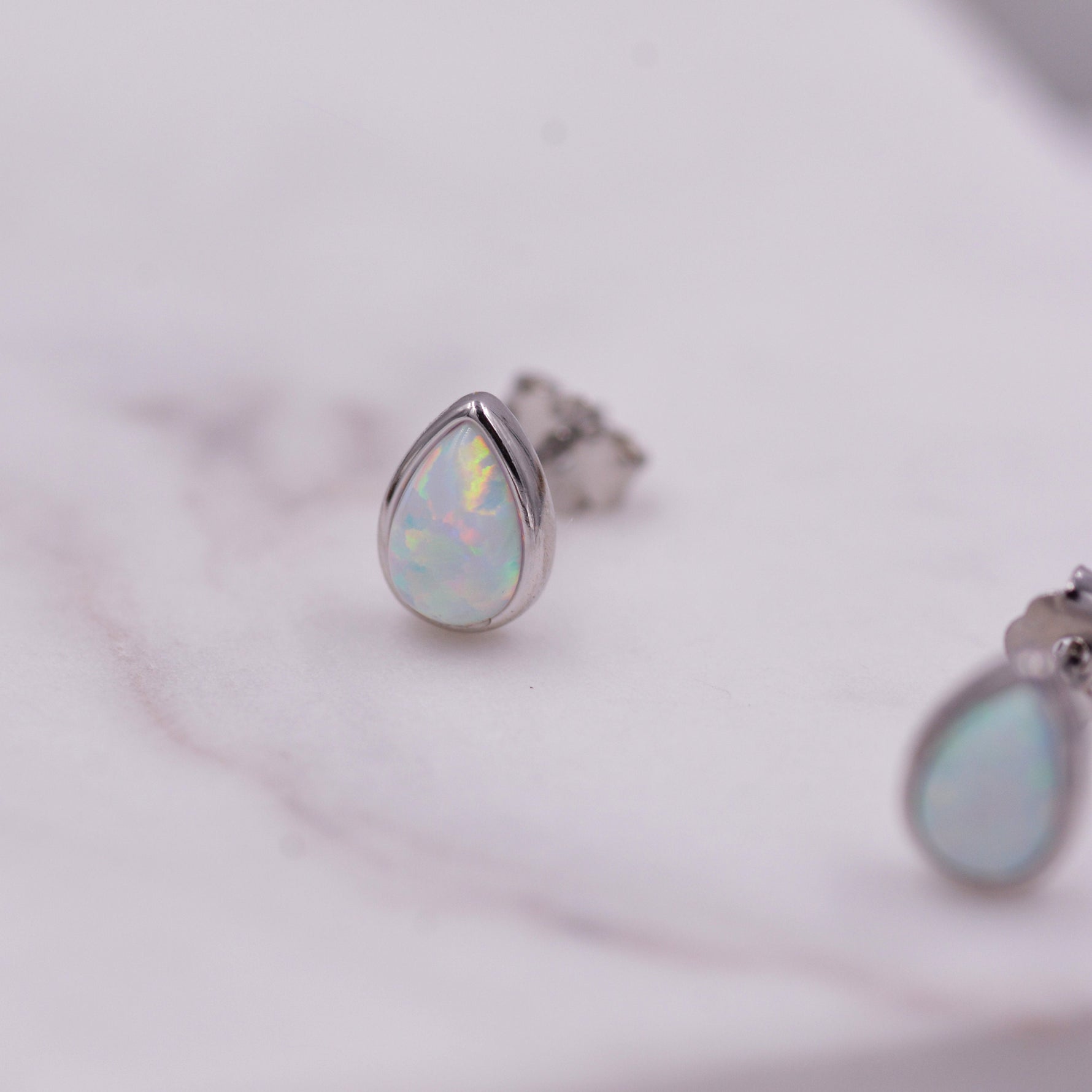 Opal Droplet Stud Earrings in Sterling Silver, Blue or White, Teardrop Opal, Pear Cut Opal Semi-precious Jewellery R99