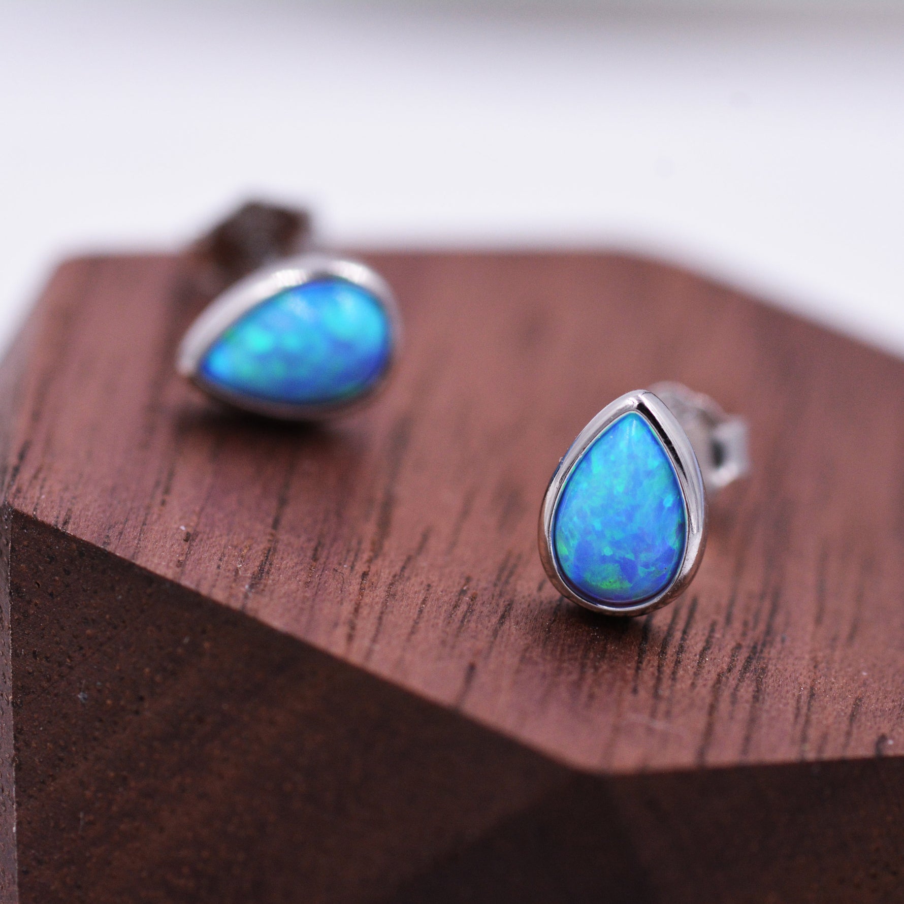 Opal Droplet Stud Earrings in Sterling Silver, Blue or White, Teardrop Opal, Pear Cut Opal Semi-precious Jewellery R99