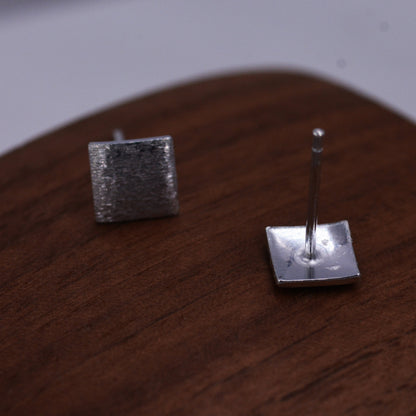 Curved Square Stud Earrings in Sterling Silver with Textured Finish, Minimalist Geometric Stud