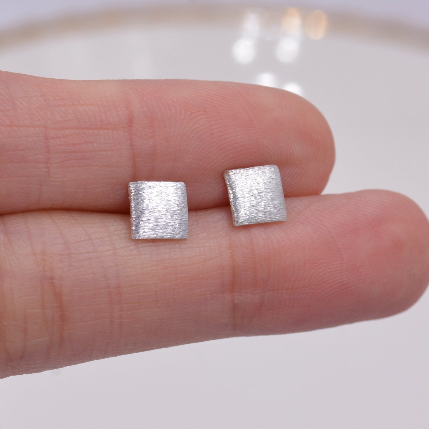 Curved Square Stud Earrings in Sterling Silver with Textured Finish, Minimalist Geometric Stud