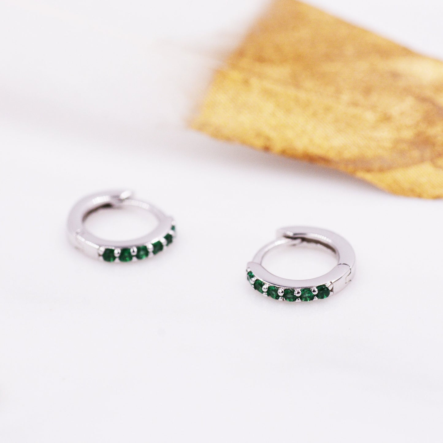 Emerald Green Crystal Huggie Hoop Earrings in Sterling Silver with Pave CZ Crystals, Gold or Silver, Tiny and Dainty, Simple Hoop Earrings