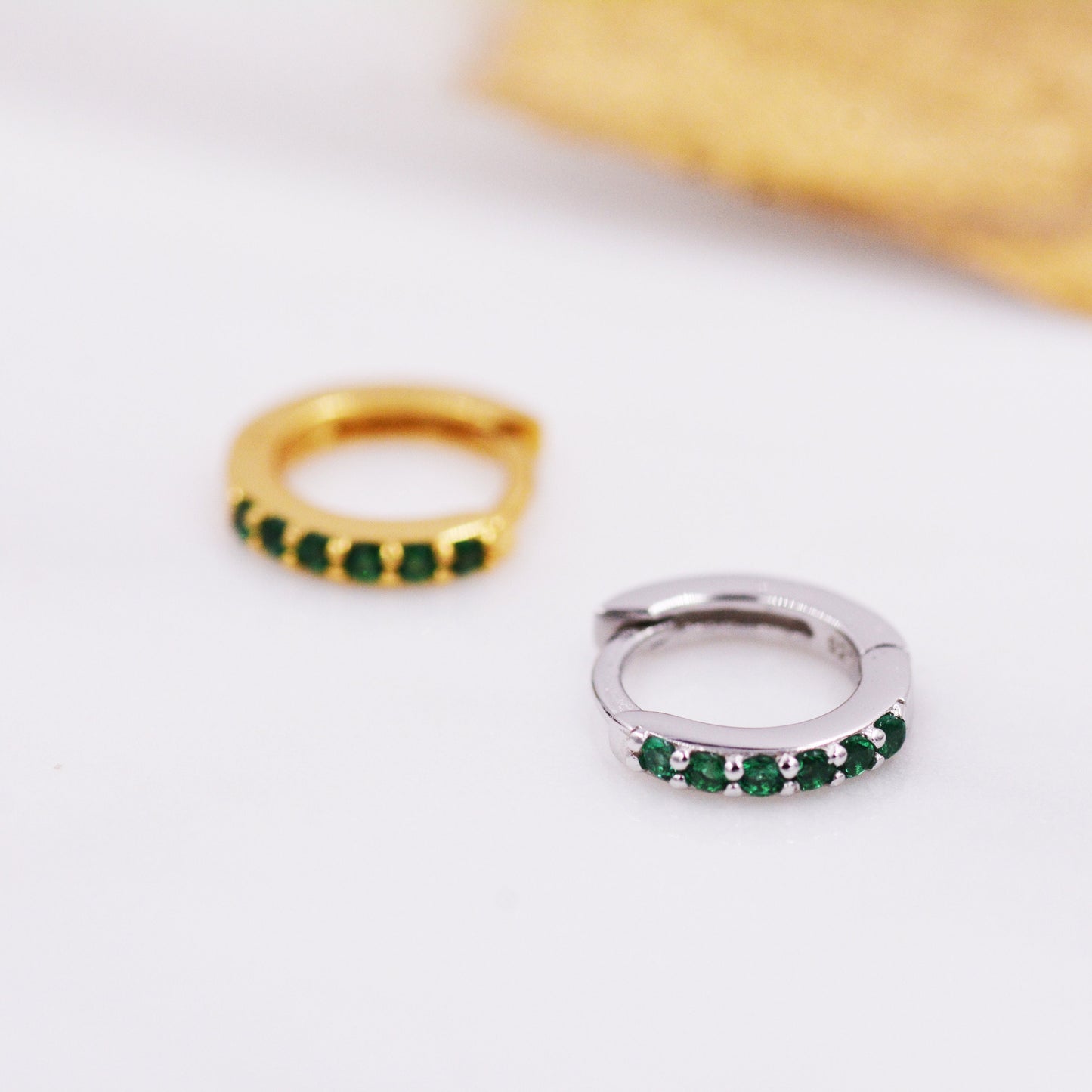 Emerald Green Crystal Huggie Hoop Earrings in Sterling Silver with Pave CZ Crystals, Gold or Silver, Tiny and Dainty, Simple Hoop Earrings