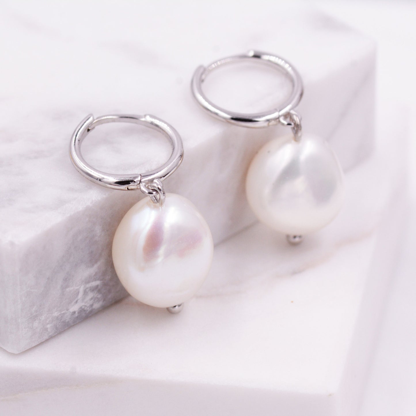 Sterling Silver Baroque Pearl Huggie Hoop Earrings, Drop Earrings with 18ct Gold Plate, Genuine Freshwater Pearls, Irregular Pearls