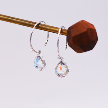 Mermaid Crystal Drop Hook Earrings in Sterling Silver, Droplet Pear Cut Aurora Glass Crystal, Simulated Moonstone Dangle Earrings