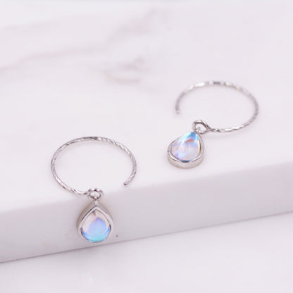 Mermaid Crystal Drop Hook Earrings in Sterling Silver, Droplet Pear Cut Aurora Glass Crystal, Simulated Moonstone Dangle Earrings