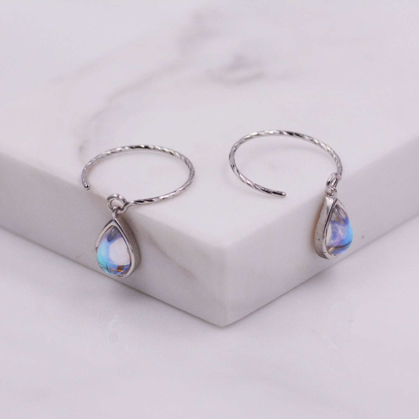 Mermaid Crystal Drop Hook Earrings in Sterling Silver, Droplet Pear Cut Aurora Glass Crystal, Simulated Moonstone Dangle Earrings