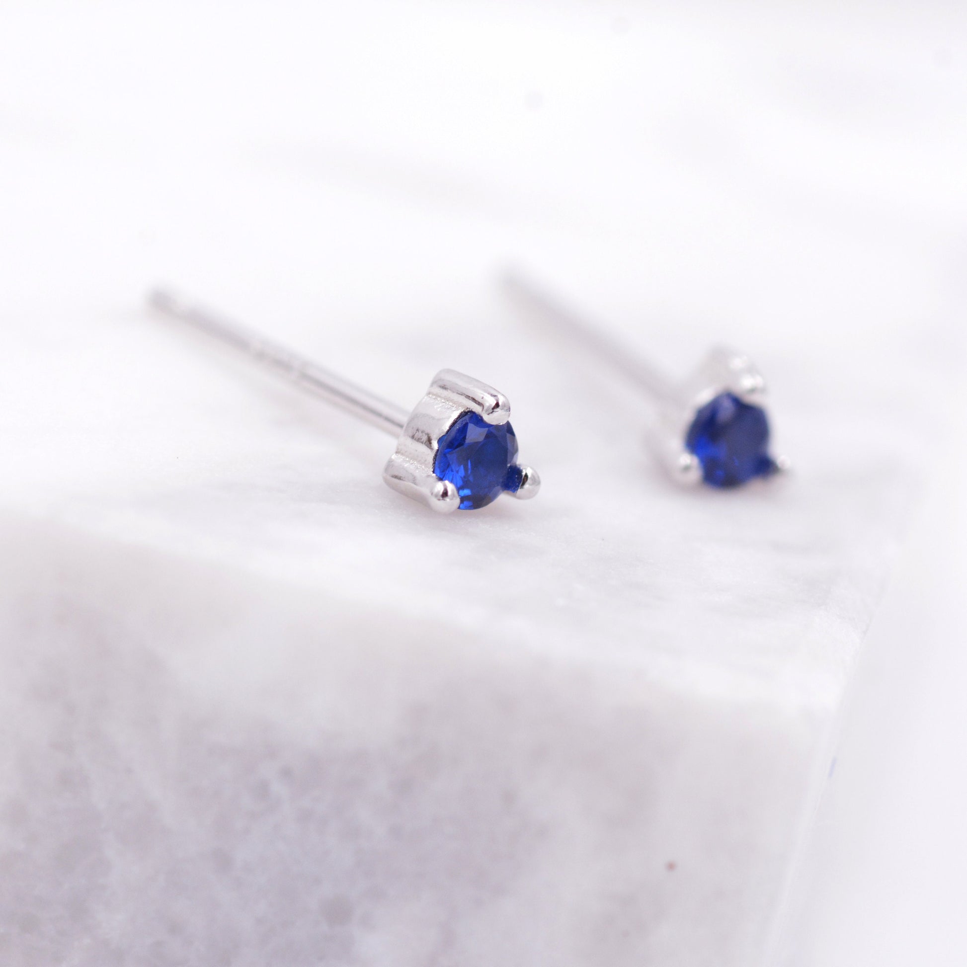 Extra Tiny Sapphire Blue Crystal CZ Stud Earrings in Sterling Silver, Three Prong 3mm Teeny Tiny Stud