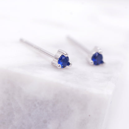 Extra Tiny Sapphire Blue Crystal CZ Stud Earrings in Sterling Silver, Three Prong 3mm Teeny Tiny Stud