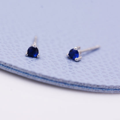 Extra Tiny Sapphire Blue Crystal CZ Stud Earrings in Sterling Silver, Three Prong 3mm Teeny Tiny Stud