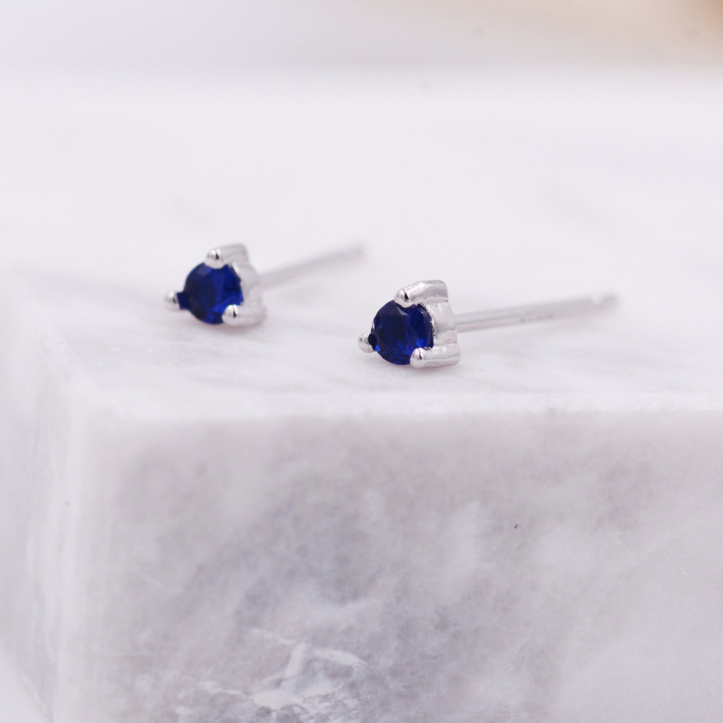 Extra Tiny Sapphire Blue Crystal CZ Stud Earrings in Sterling Silver, Three Prong 3mm Teeny Tiny Stud